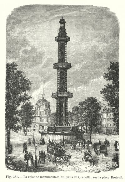 De monumentale kolom van de put van Grenelle, op het Breteuilplein (gravure) door European School