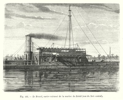 Het Brazil, gepantserd schip van de Braziliaanse marine, gezien vanaf het centrale fort (gravure) door European School