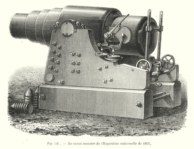 Het monsterkanon van de Wereldtentoonstelling van 1867 (gravure) door European School
