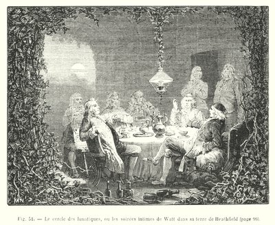 De kring van de gekken, of de intieme avonden van Watt op zijn landgoed Heathfield (gravure) door European School