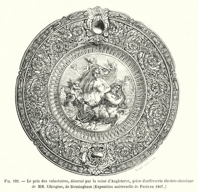 De prijs van de vrijwilligers, toegekend door de koningin van Engeland, elektrochemisch goudsmeedwerk van MM Elkington, Birmingham, Wereldtentoonstelling van Parijs in 1867 door European School