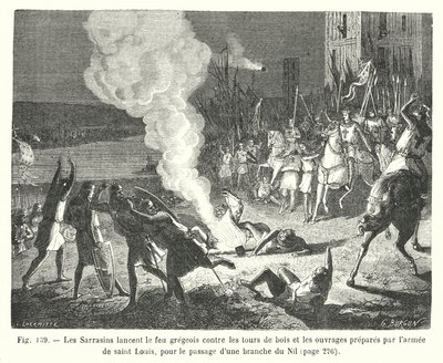 De Saracenen werpen Grieks vuur tegen de houten torens en de werken voorbereid door het leger van Sint Louis, voor de oversteek van een tak van de Nijl (gravure) door European School