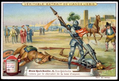 Liebig chromolithografie: Serie "Don Quichot", nr. 6: Don Quichot verslagen door de ridder van de zilveren maan. door European School