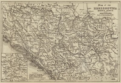 Kaart van Herzegovina, Bosnië, Servië en Montenegro (gravure) door European School