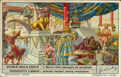 Marco Polo proeft spaghetti in China (chromolitho) door European School