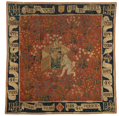 Mille fleurs tapijt met verdures, wapenschild en een wilde man, ca. 1500 door European School