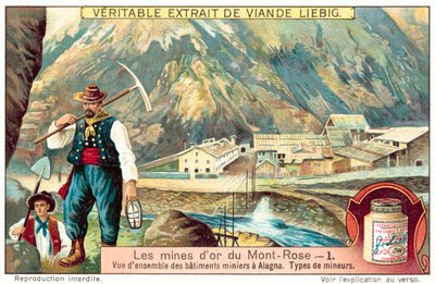Mijnwerkers en mijngebouwen bij de Monte Rosa goudmijnen, Italië door European School