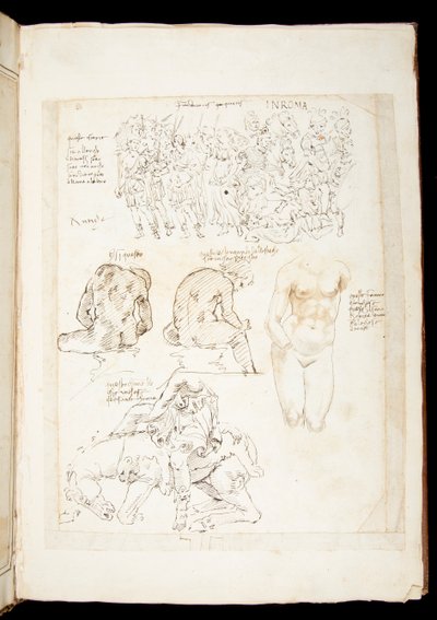 Ms 701 fl.34v, Tekening inclusief een zicht op de Spinario van achteren, laat 15e eeuw (pen en inkt op papier) door European School