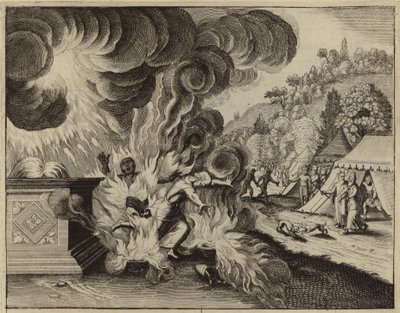 Nadab en Abihu verbrand door vuur voor het overtreden van Gods wet (gravure) door European School
