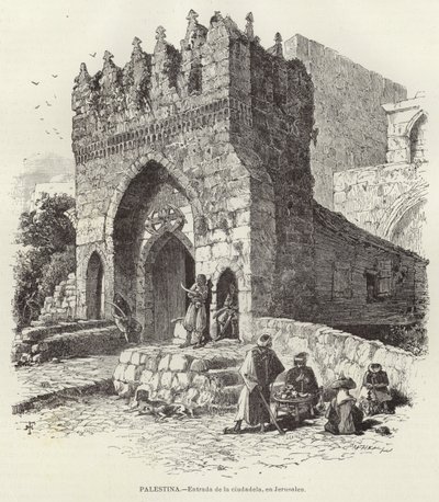 Palestina, Ingang van de citadel, in Jeruzalem door European School