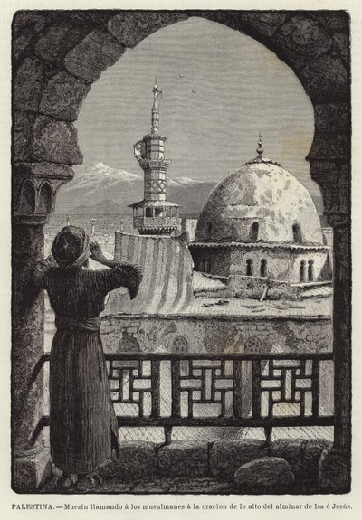 Palestina, Muezzin roept moslims op tot gebed vanaf de minaret van Isa of Jezus door European School