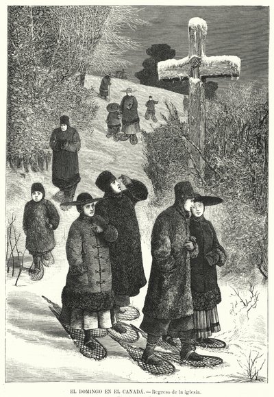 Mensen met sneeuwschoenen die terugkeren van de kerk op zondag, Canada door European School