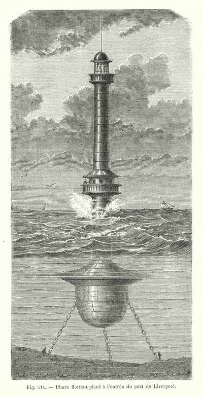 Drijvende vuurtoren geplaatst bij de ingang van de haven van Liverpool (gravure) door European School