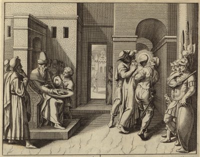 Pontius Pilatus wast zijn handen na de veroordeling van Jezus Christus (gravure) door European School