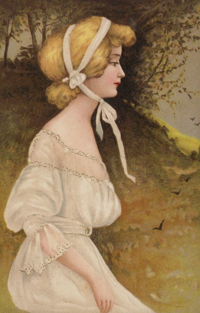 Profiel van een dame in het wit (kleurenlitho) door European School