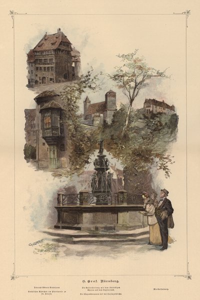 Prominente gebouwen in Neurenberg, Duitsland (gekleurde gravure) door European School