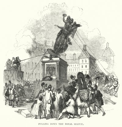 Het neerhalen van het koninklijk standbeeld (gravure) door European School