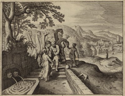 Rebecca geeft water aan Abrahams dienaar Eliezer en zijn kamelen (gravure) door European School