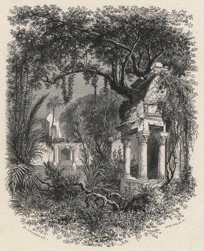 Ruïnes van de tuinen van de grote Mogol (gravure) door European School