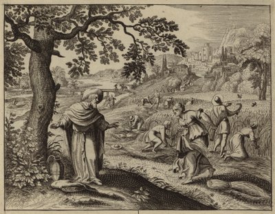 Ruth ontmoet Boaz terwijl ze aren raapt in zijn veld (gravure) door European School