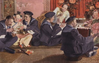 Matrozen in een Chinees theehuis (kleurenlitho) door European School