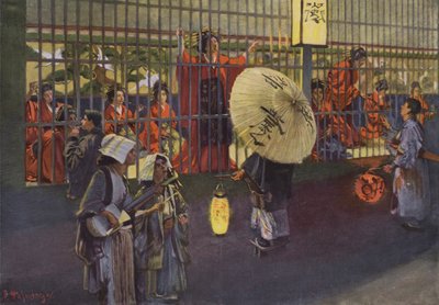 Scène in de wijk Yoshiwara in Tokio, Japan (kleurenlitho) door European School