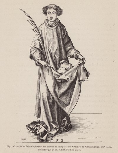 St. Stefanus draagt een martelaarspalm en de stenen gebruikt in zijn martelaarschap (gravure) door European School
