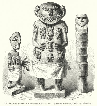 Tahitiaanse afgoden, uit hout gesneden (gravure) door European School