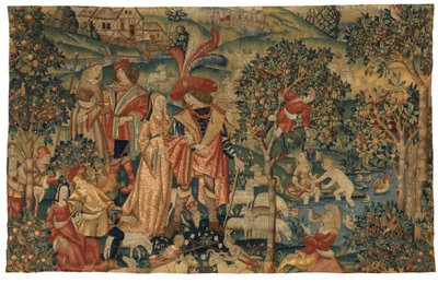 Tapijt met Pastorale Scene met Fruitplukken, of De Heer in zijn Park of Landelijke Alliantie en Fruitplukken, ca.1500 door European School