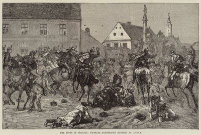 De rellen in Kroatië, huzaren verdrijven relschoppers in Agram (gravure) door European School