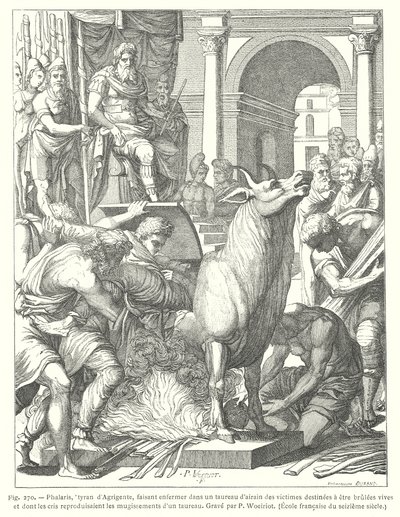 De bronzen stier: martel- en executie-instrument door vuur gebruikt door de oude Griekse tiran Phalaris van Akragas (Agrigento), Sicilië door European School