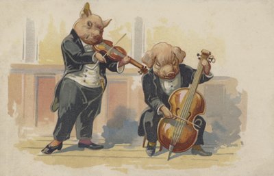 Twee varkens spelen muziekinstrumenten (kleurenlitho) door European School
