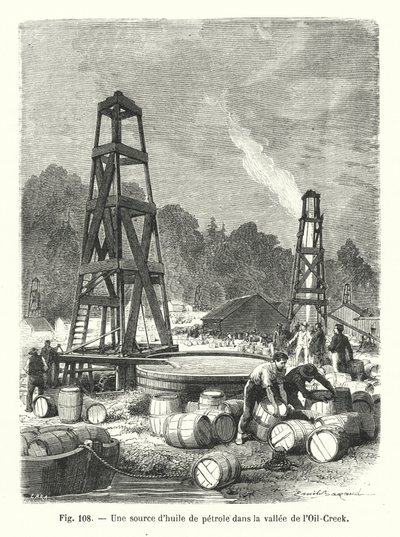 Een bron van aardolie in de Oil-Creek vallei door European School