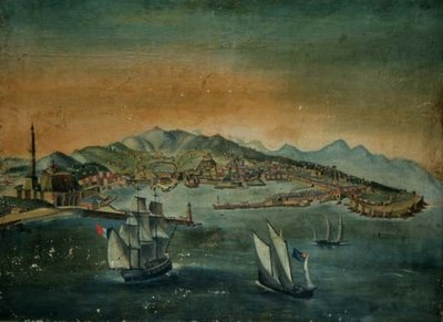 Uitzicht op een haven met een vuurtoren op een voorgebergte, ca. 1800 door European School