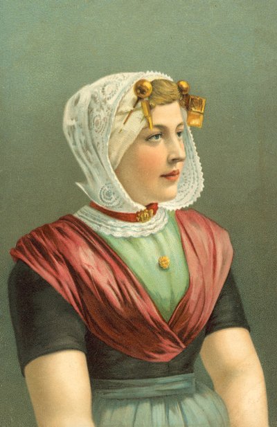 Vrouw in klederdracht (kleurenlitho) door European School