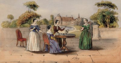 Vrouwen die thee of koffie drinken in de tuin van een landhuis door European School