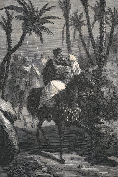 Cervantes rijdt op een paard met een vrouw in een oase door Eusebio Planas