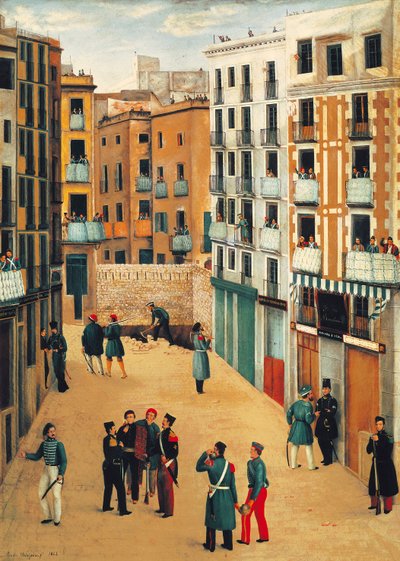 Leden van de troepen in opstand tegen de regering van Espartero spreken met de leden van Batallo de la Brusa (Blouse Bataljon) in de straat de la Bajada de la Llibreteria in Barcelona door Eusebio Valldeperas y Merich