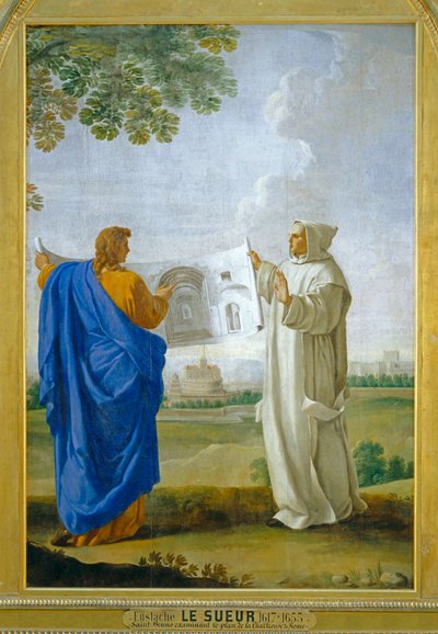 Sint Bruno onderzoekt een tekening van de thermen van Diocletien, de toekomstige plaats van het Charterhuis van Rome ... door Eustache (studio of) Le Sueur