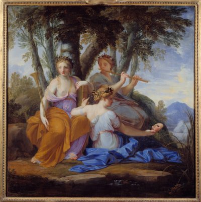 De muzen Clio, Euterpe en Thalie, respectievelijk de muzen van Geschiedenis, Muziek en Komedie door Eustache (studio of) Le Sueur