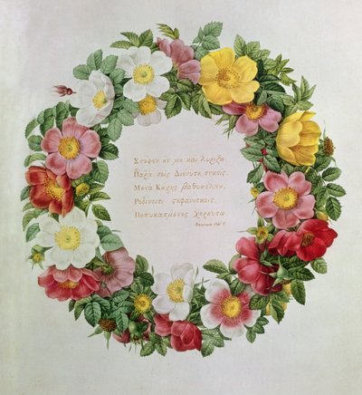 Claude-Antoine Thory Les roses, Frontispice: Krans met een Epigraaf van Ode V door de Griekse Dichter Anacreon, 1817 door Eustache Hyacinthe Langlois