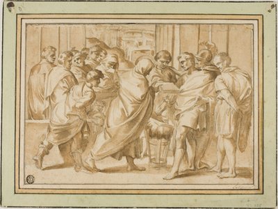 Scène uit de Romeinse Geschiedenis, met Geklede Figuur die Boek aan Heerser Overhandigt door Eustache Le Sueur