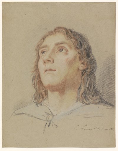 Hoofd van een opziende jongeling met lang haar door Eustache Lesueur