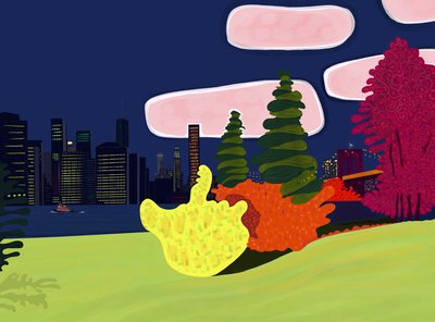 Brooklyn Bridge Park en uitzicht op Lower Manhattan (digitale kunst) door Evan Sklar