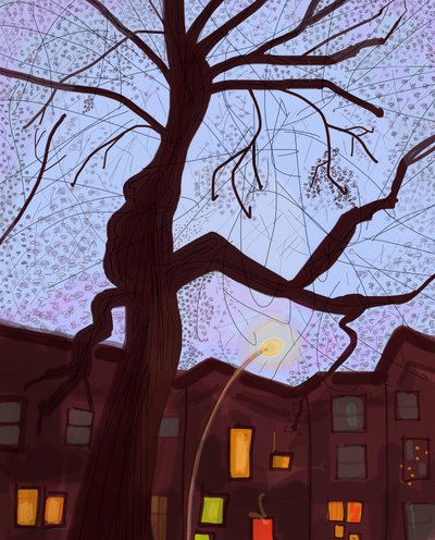 Brooklyn Brownstone Street At Dusk, 2016 (met de hand getekend op een iPad met een Apple potlood) door Evan Sklar