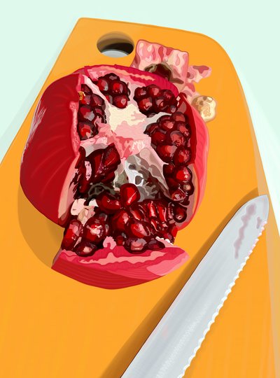 Gesneden granaatappel en kife op snijplank (digitale kunst) door Evan Sklar