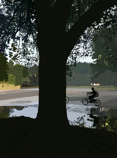 Fietser en plas in Brooklyn Street (digitale kunst) door Evan Sklar