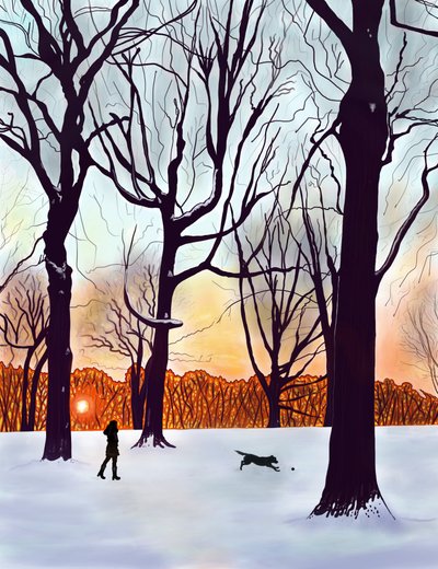 Hond in sneeuw, Brooklyn (digitale kunst) door Evan Sklar