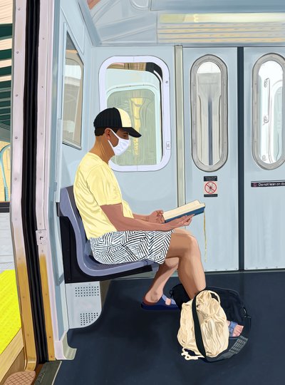 Man in gestripte broek leest boek in metro, ca 2020-24 (digitale kunst) door Evan Sklar