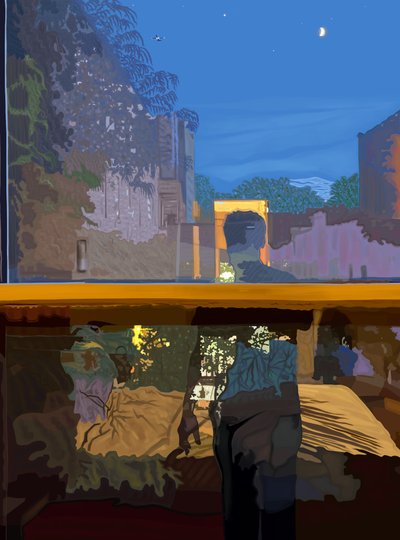 Mens weerspiegeld in slaapkamerraam bij nacht (digitale kunst) door Evan Sklar